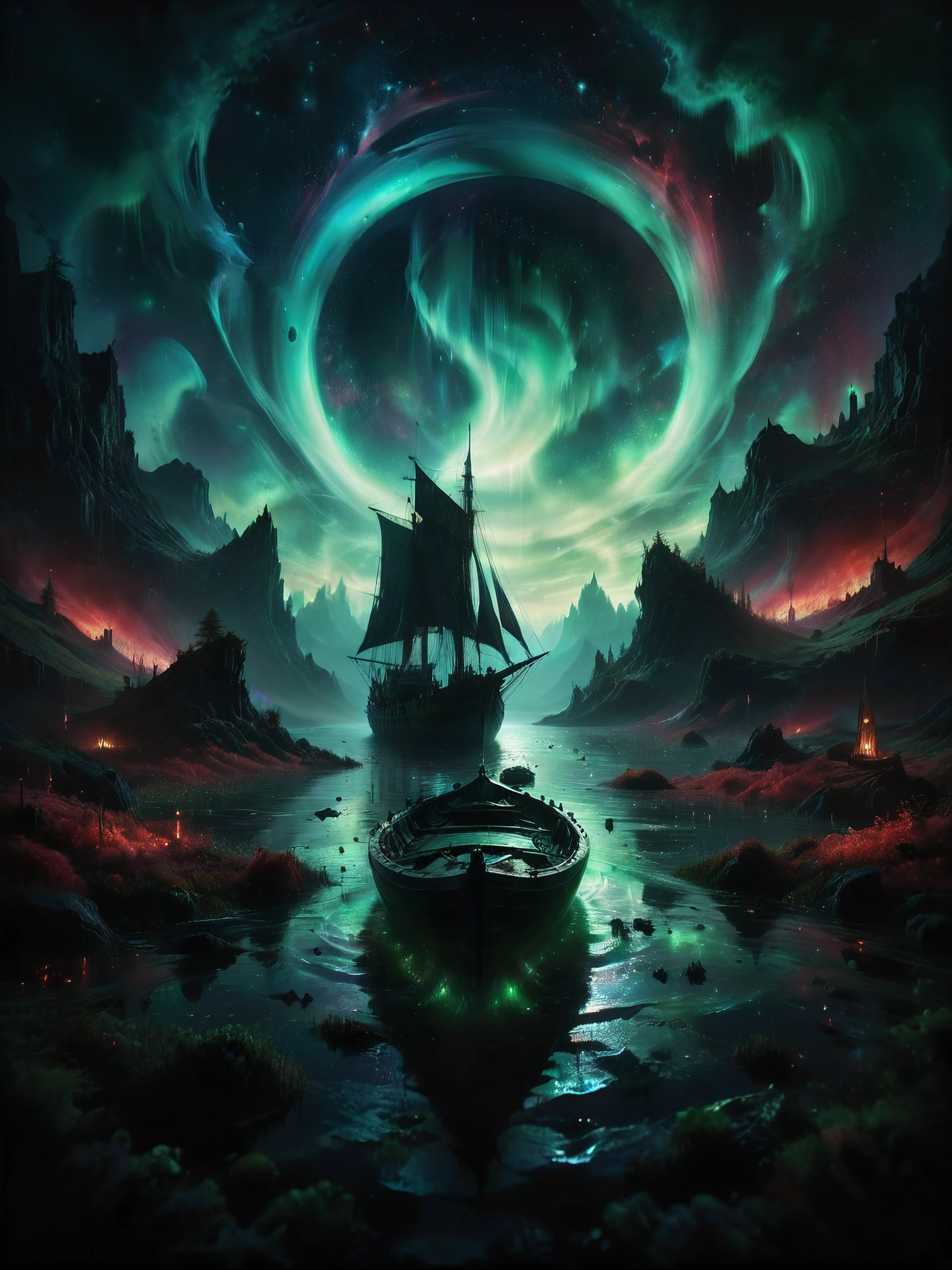 ethereal fantasy concept art of  Dark Moody Atmosphere, Dark Fantasy Art, a boat floating on top of a body of water under a green and red sky filled with aurora lights, Filip Hodas, magical atmosphere, a detailed matte painting, fantasy art, dark, moody, dark fantasy style, dramatic, mysterious, dark moody atmosphere . magnificent, celestial, ethereal, painterly, epic, majestic, magical, fantasy art, cover art, dreamy