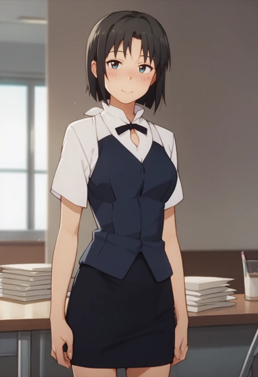 score_9, score_8_up, score_7_up, 1girl, solo, <lora:KyoukoShirafuji:0.8> shirafuji kyouko, waitress, vest, bowtie, pencil skirt