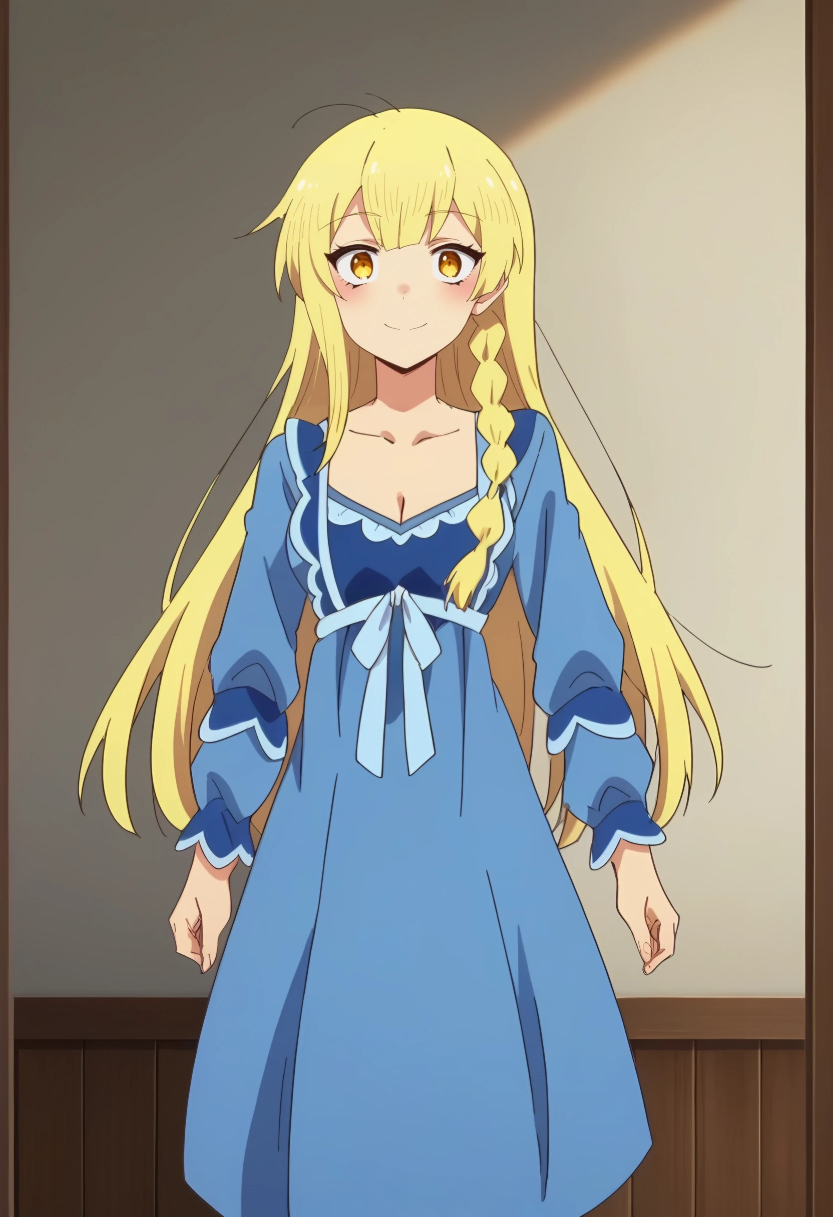 <lora:Balirossa:1> balirossa, blonde hair, long hair, 1girl, side braid, solo, yellow eyes, , looking at viewer, smile, blush, blue dress, cleavage, long sleeves, nightgown,, score_9, score_8_up, score_7_up, , anime coloring ,BREAK source_anime, anime
