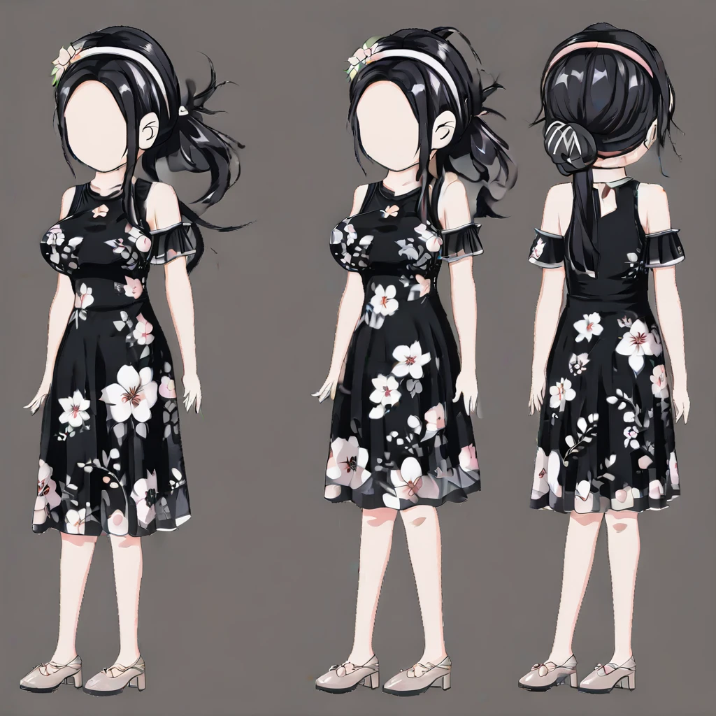 large breasts, formal, ponytail, black dress, floral print, multiple views, dress, long hair, hairband, high heels