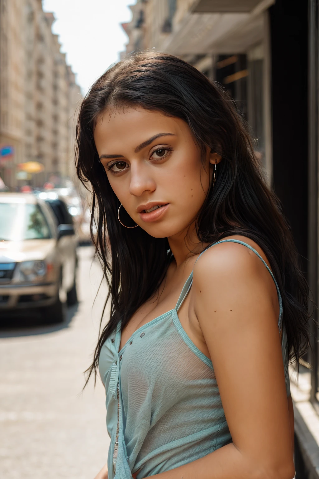 <lora:AndreaRincon:0.8>, full color portrait of a young woman, wearing a summer dress, in a crowded street, natural light, RAW photo, subject, 8k uhd, dslr, soft lighting, high quality, film grain, Fujifilm XT3, Nikon D850