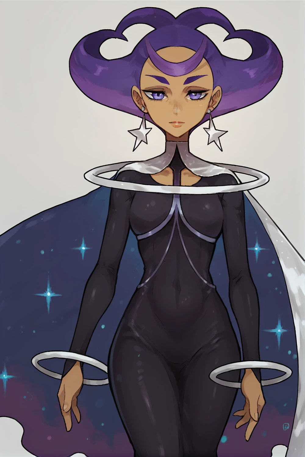 Score_9, Score_8_up, score_7_up, score_6_up, 1girl, solo, 1olympia1, 1girl, purple hair, purple eyes, dark skin, looking at viewer, cape, black dress, tight dress, cowboy shot<lora:EMS-384268-EMS:1.000000>