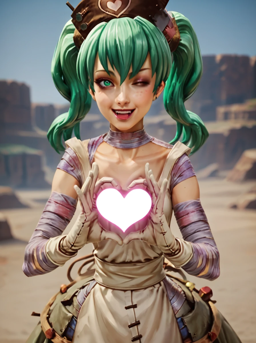 score_9, score_8_up, score_7_up, score_6_up, score_5_up, score_4_up, eyedetail,
jessie,  1girl, solo, heart,wink,happy, nurse cap, green hair, bandages, gloves, hat, nurse, twintails, blowing kiss, green eyes,desert backround,realistic,full body
 <lora:jessie_from_deadcraft_pony:0.6>