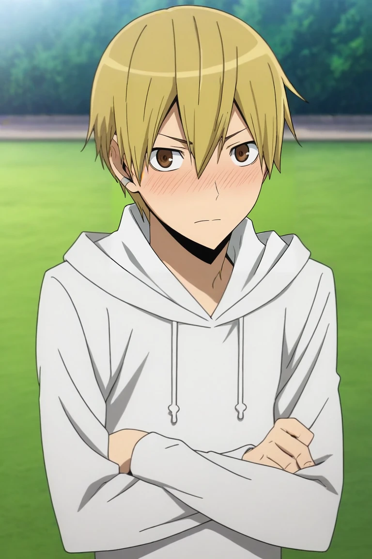 score_9, score_8_up, score_7_up, source_anime, rating_safe, intricate details, anime screencap, anime coloring, official style, looking at viewer, depth of field, 1boy, solo, male focus, <lora:masaomi_kida_pony:0.88>, masaomi_kida, blonde hair, brown eyes, short hair, hair between eyes, close-up, disneyland, light, crossed arms, embarrassed, nose blush, sweater,, <lora:sdxl_lightning_8step_lora:1>