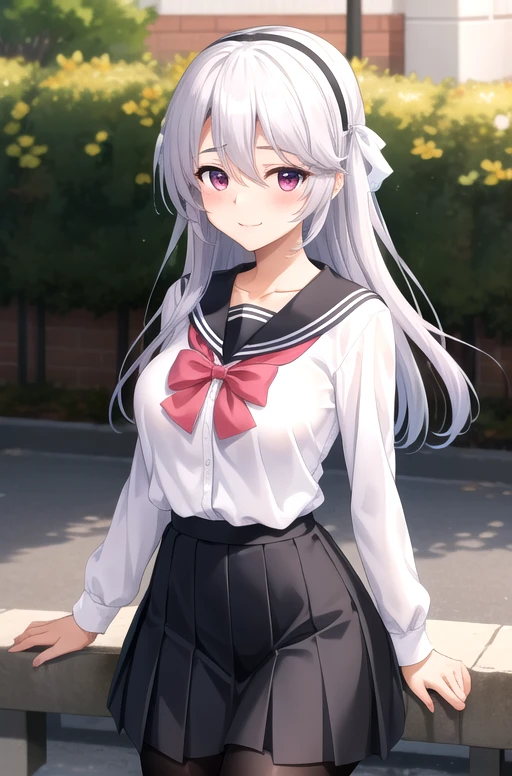 ((masterpiece)),(best quality),official art,extremely delicate and beautiful,extremely detailed CG,unity 8k wallpaper,ultra detailed,beautiful detailed eyes,extremely detailed face,outdoors,1girl,solo,cowboy shot,looking at viewer,facing viewer,smile,Watase Nagisa,long hair,white hair,hair intakes,black hairband,hair ribbon,white ribbon,hair between eyes,bangs,pink eyes,collarbone,school uniform,black sailor collar,white shirt,red bowtie,long sleeves,large breasts,miniskirt,black skirt,pleated skirt,black pantyhose,black footwear,<lora:Watase Nagisa(khsk):0.6>,