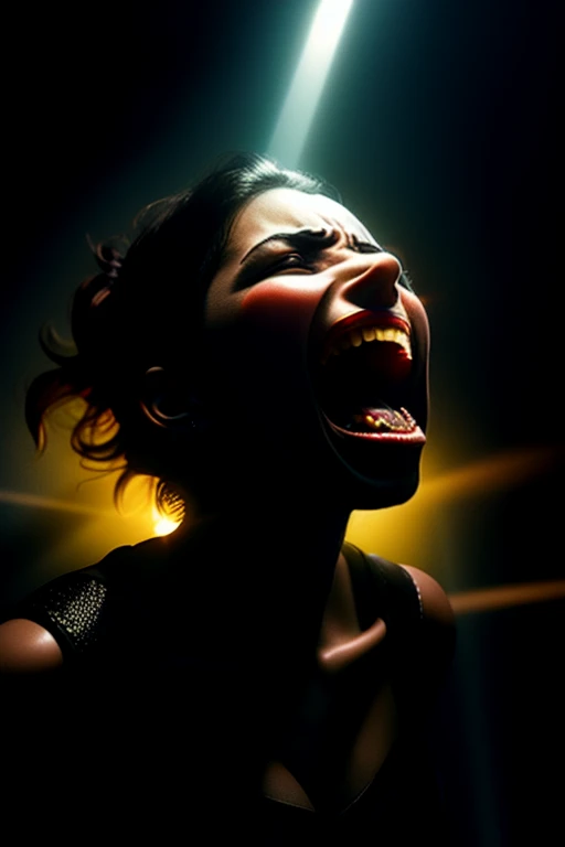 dark, noir, screaming women face, basement, light rays, bright backlight, overcast, spotlight