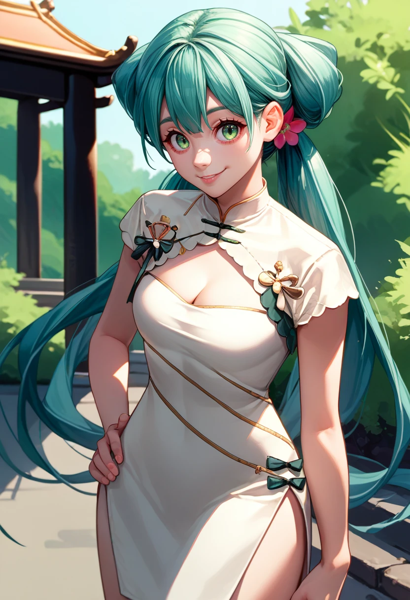 score_9, score_8_up, score_7_up, source_anime, solo, 1girl, shaohuamiku, smile, looking at viewer, hand on own hip, aqua hair, twintails, hair flower, green eyes, chinese clothes, white dress, china dress, cleavage cutout, side slit, short sleeves, outdoors <lora:vocaloid_shaohuamiku_ponyXL:1>