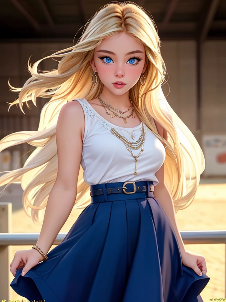 Realistic photo of a beautiful h4nn4hk woman, 1girl, solo, long hair, looking at viewer, blue eyes, skirt, blonde hair, jewelry, day, necklace, bracelet, lips, realistic, professional Photography, Photorealistic, detailed, RAW, analog, sharp focus, high quality, film grain<lora:h4nn4hk:1.0>