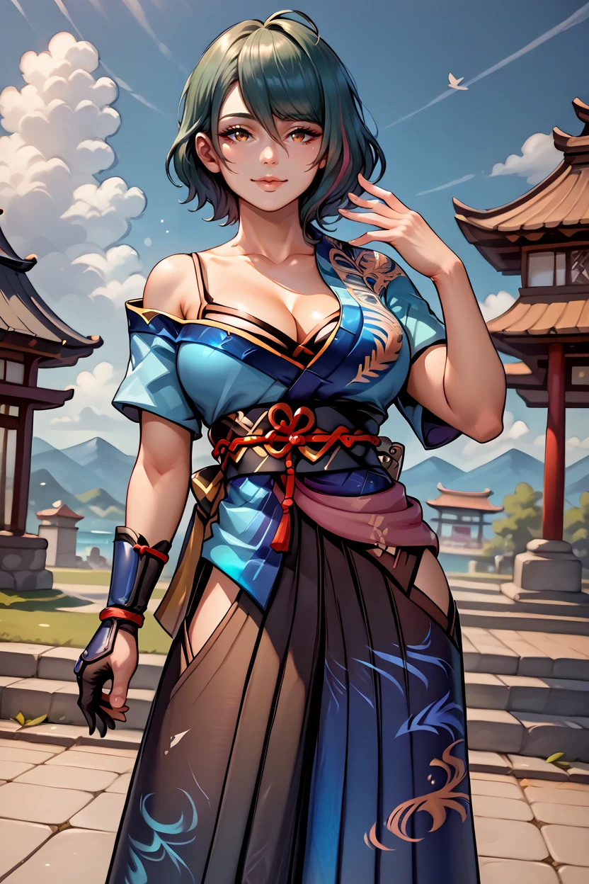 score_9, score_8_up, score_7_up, score_6_up, source_anime BREAK 1girl, solo <lora:doatamaki-pdxl-nvwls-v1-000005:1> doatamaki, streaked hair, brown eyes, blue kimono, sash, off-shoulder, cleavage, hakama skirt, japanese clothes, single glove, black glove, large breasts, hand up, blue sky, japanese architecture, happy