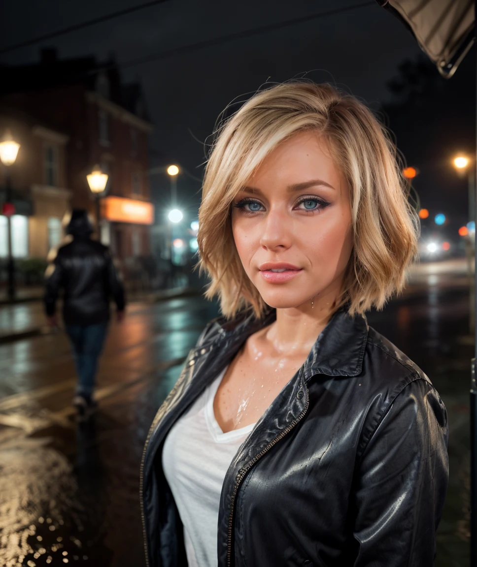 ,professional portrait photograph, <lora:quiron_KennedyLeigh_v1285_Lora:0.67> kennedyleighquiron, kennedyleigh, lips, solo, looking at viewer, blonde hair, blue eyes,
,
(), , (night street) , scenery, impossible clothes, action scene, highly detailed background, keyvisual, Dappled Light, sidelighting, best shadow, RAW, (Dutch angle), wet clothes, outdoor, rain, pouring rain, ,
(sultry flirty look), elegant, highly detailed, intricate, sharp focus, depth of field, f/1. 8, 85mm, medium shot, mid shot, (centered image composition), (professionally color graded), (bright soft diffused light), volumetric fog, trending on instagram, trending on tumblr, hdr 4k,