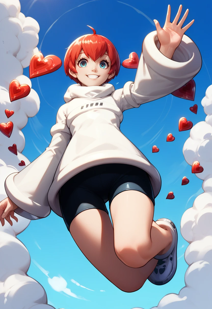 score_9, score_7_up, solo, 1girl, p5sophia, smile, looking at viewer, flying, waving, ahoge, detached hair, heart, white hoodie, long sleeves, black shorts, bike shorts, blue sky, cloud <lora:persona5_sophia_ponyXL:1>