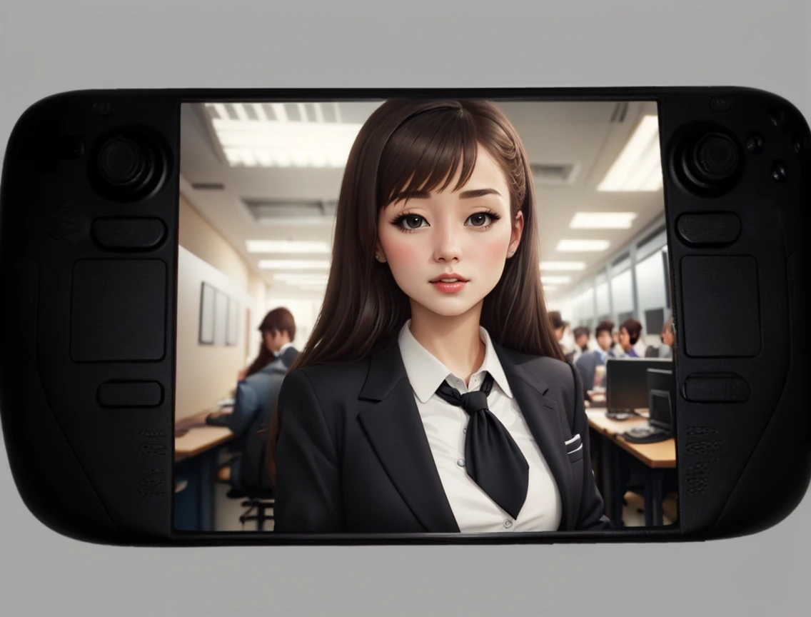 masterpiece ,best quality,
<lora:steamdceck.sd15.v1-000008:0.75>
1girl, office lady, black suit, brown hair, long hair,
(steamdeck), (fontalsteam), (white steambackground)