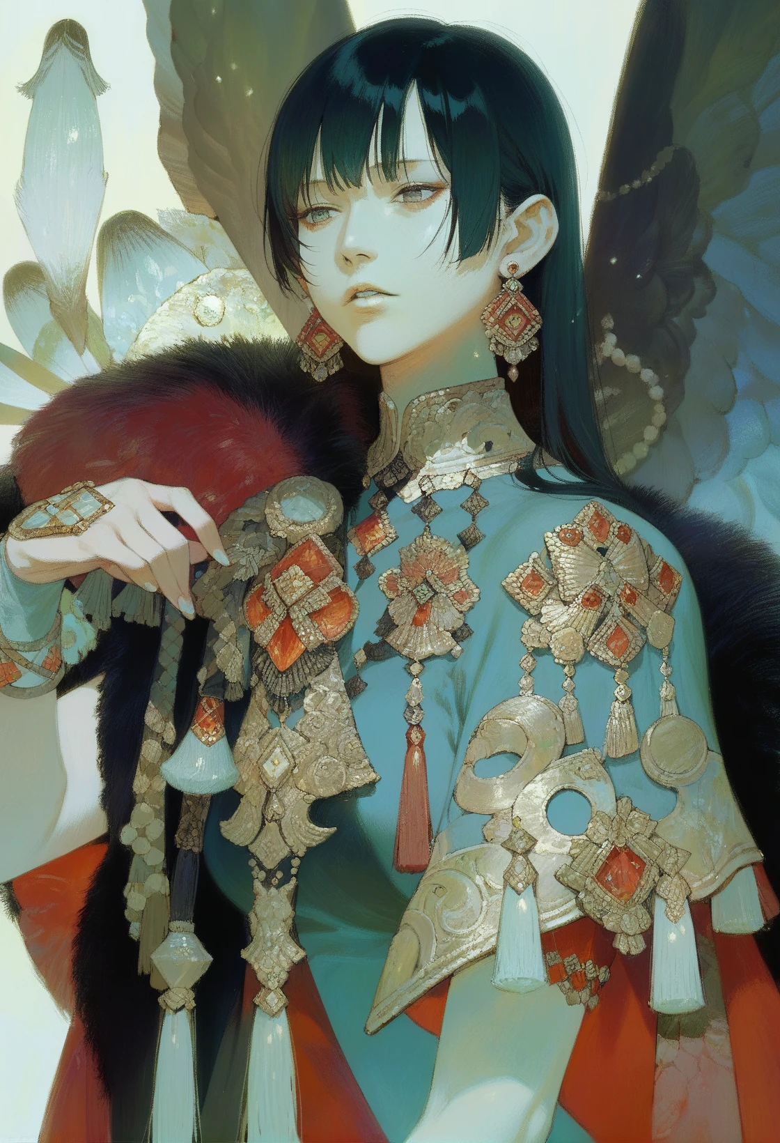 <lora:xdxAKK:0.8>,limited palette,xdx style,jewelry,earrings,1girl,parted lips,bangs,upper body,solo,solo focus,gem,wings,tassel,aqua theme,, score_9,score_8_up,score_7_up,source_anime,