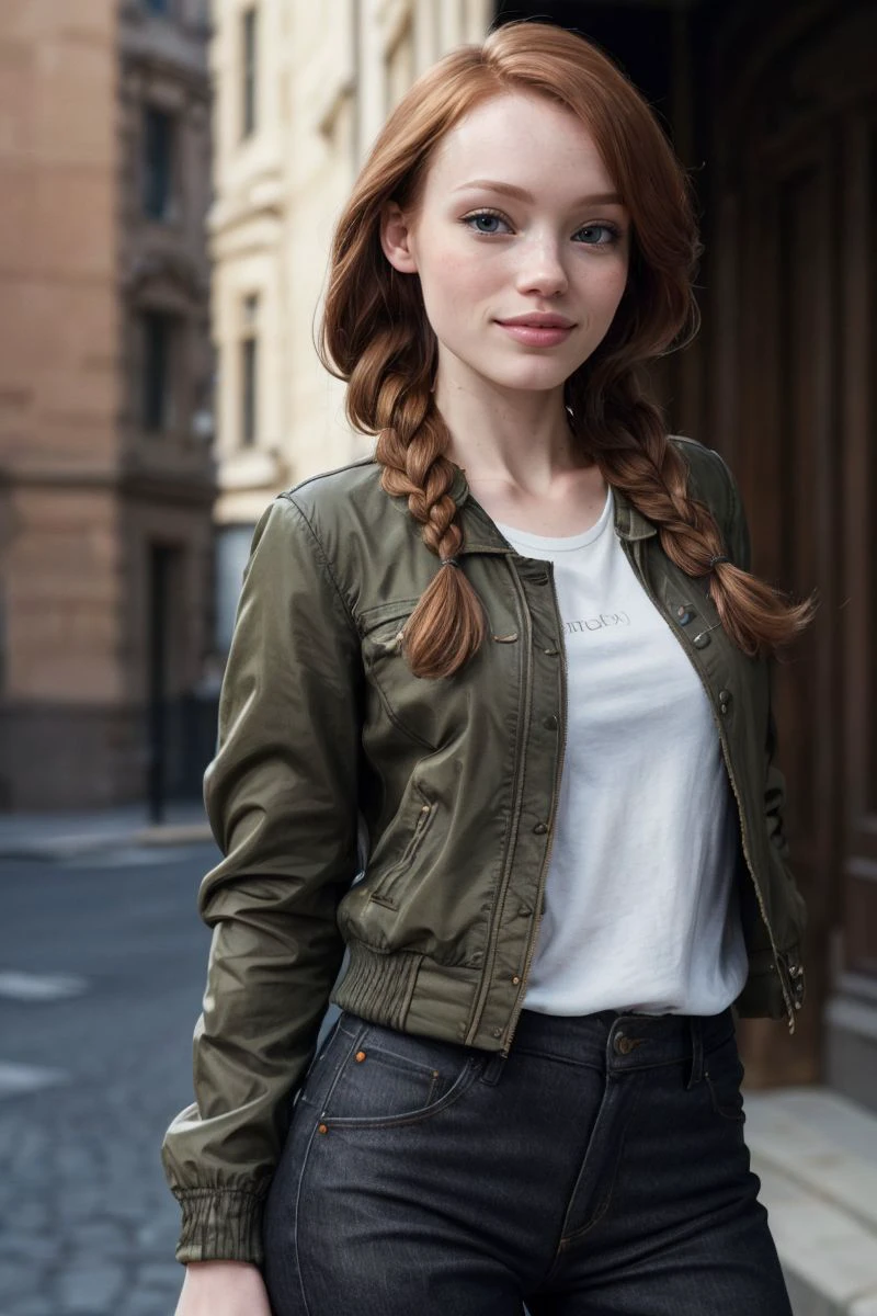 photo of S424_KloeKane,a stylish woman,in an (entrenchment:1.1),wearing a (jacket:1.1),(pants),(braid),(4k, RAW photo, best quality, 50mm, depth of field, ultra high res:1.1),(intricate, photorealistic, cinematic-shot, masterpiece, ultra-detailed:1.1),