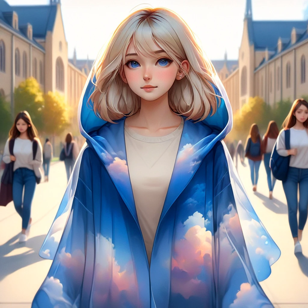 skycloak, a portrait of a blonde girl going to college, university background, walking to class, smooth anime