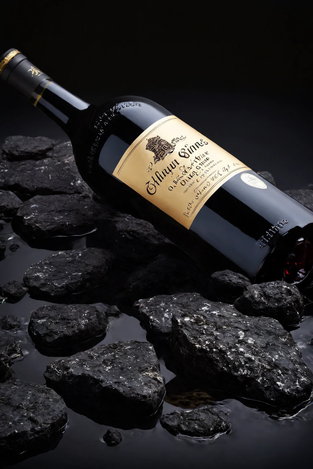 XCYP Product Shooting Scene,E-Commerce Scene,Ultra High Resolution,32K UHD,Best Quality,Masterpiece,(Natural, Black Rock, Water, Reflection, Premium) (Close-up of a Bottle of Black Wine, Luxury Packaging, Beautiful Label),