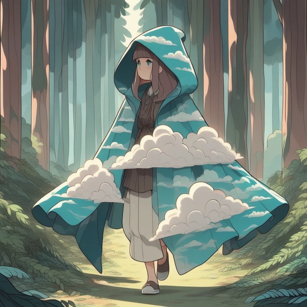 SkyCloak, a woman walking through a forest, anime cartoon