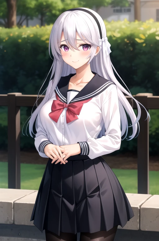 ((masterpiece)),(best quality),official art,extremely delicate and beautiful,extremely detailed CG,unity 8k wallpaper,ultra detailed,beautiful detailed eyes,extremely detailed face,outdoors,1girl,solo,cowboy shot,looking at viewer,facing viewer,smile,Watase Nagisa,long hair,white hair,hair intakes,black hairband,hair ribbon,white ribbon,hair between eyes,bangs,pink eyes,collarbone,school uniform,black sailor collar,white shirt,red bowtie,long sleeves,large breasts,miniskirt,black skirt,pleated skirt,black pantyhose,black footwear,<lora:Watase Nagisa(khsk):0.6>,