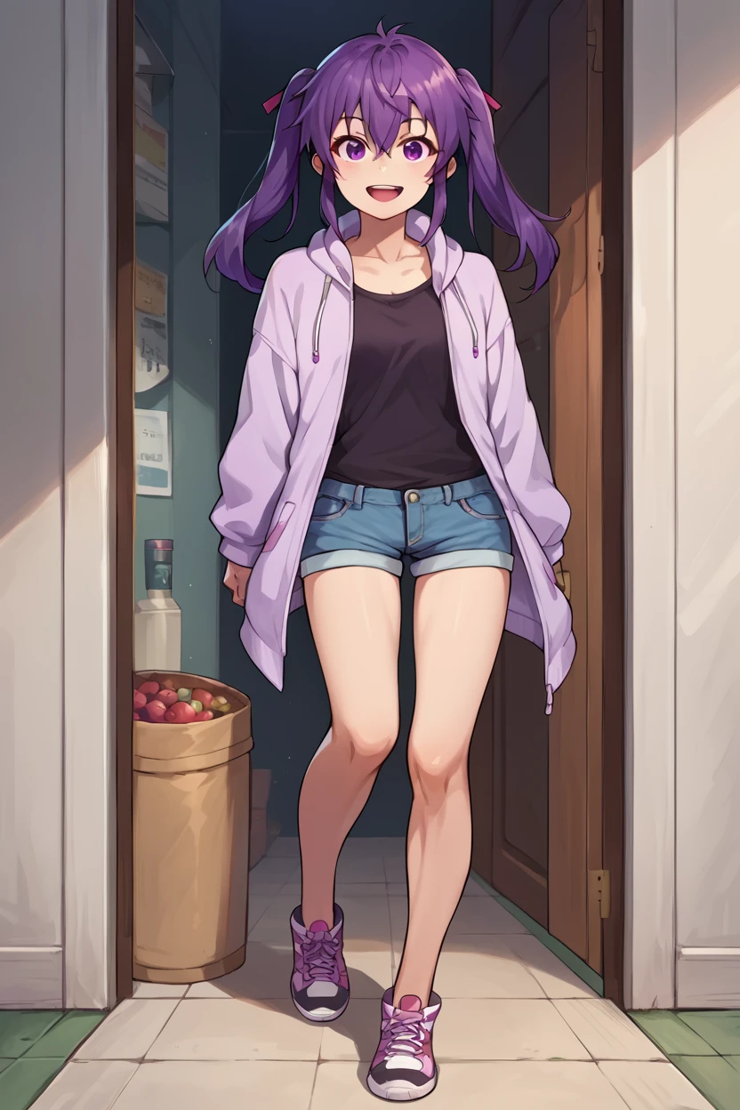 score_9, score_8_up, score_7_up, source_anime BREAK 1girl, solo, <lora:gakkou_kurumi:0.9>, gakkou_kurumi, full body, casual fashion, twintails, hair between eyes, purple hair, purple eyes, looking at you, smile, open mouth