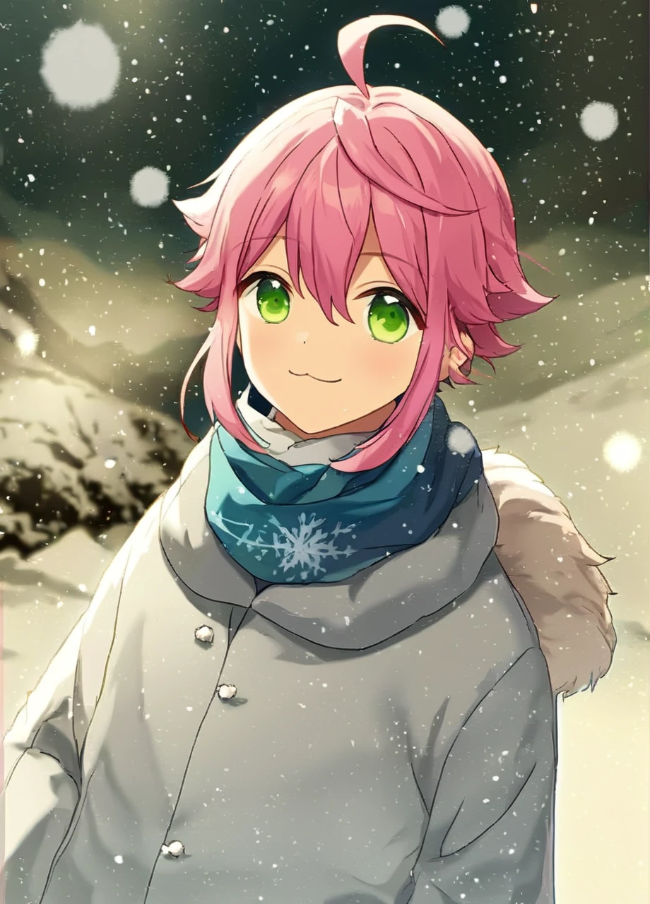 A boy Tori Himemiya has pink short hair with hair between his eyes long sidelocks a curved ahoge and big green eyes is standing outside in a snowy field. He has a smile  <lora:3torihimemiya-08:0.7>