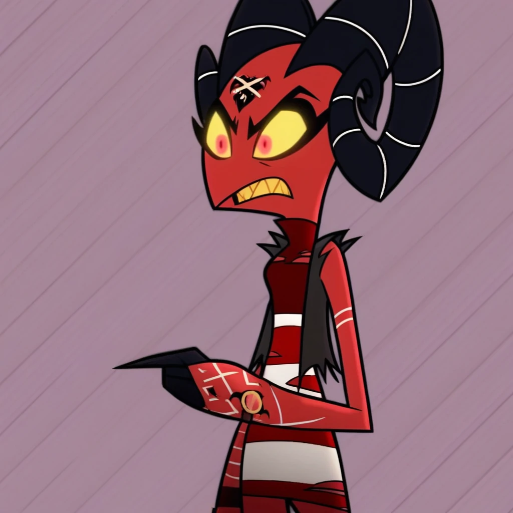 barbie wire, 1girl, demon girl, red skin, forehead tattoo, arm tattoos, horns, striped dress, leather jacket