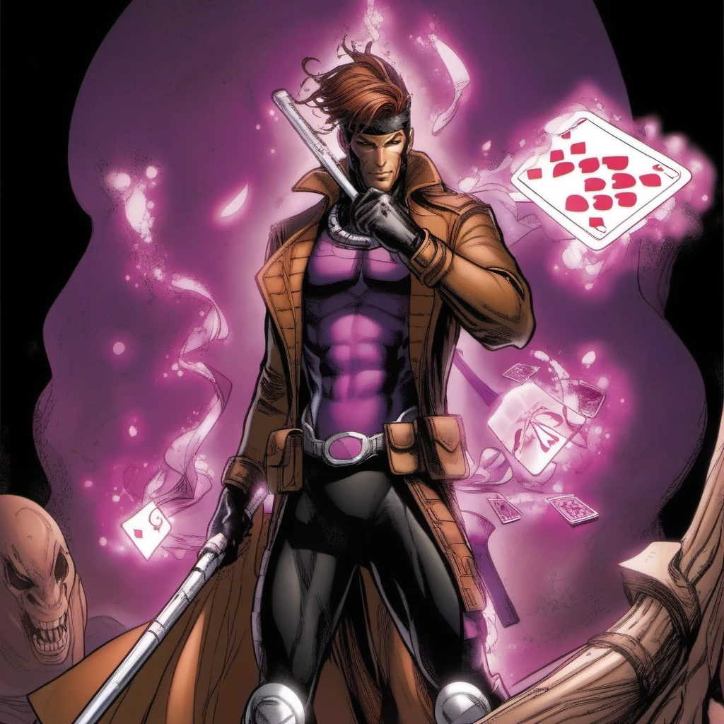 comic a full body man, brown leather jacket, purple chest armor, headband, holds a stick, magic playingcards, casino <lora:Gambit1024:0.9> . graphic illustration, comic art, graphic novel art, vibrant, highly detailed