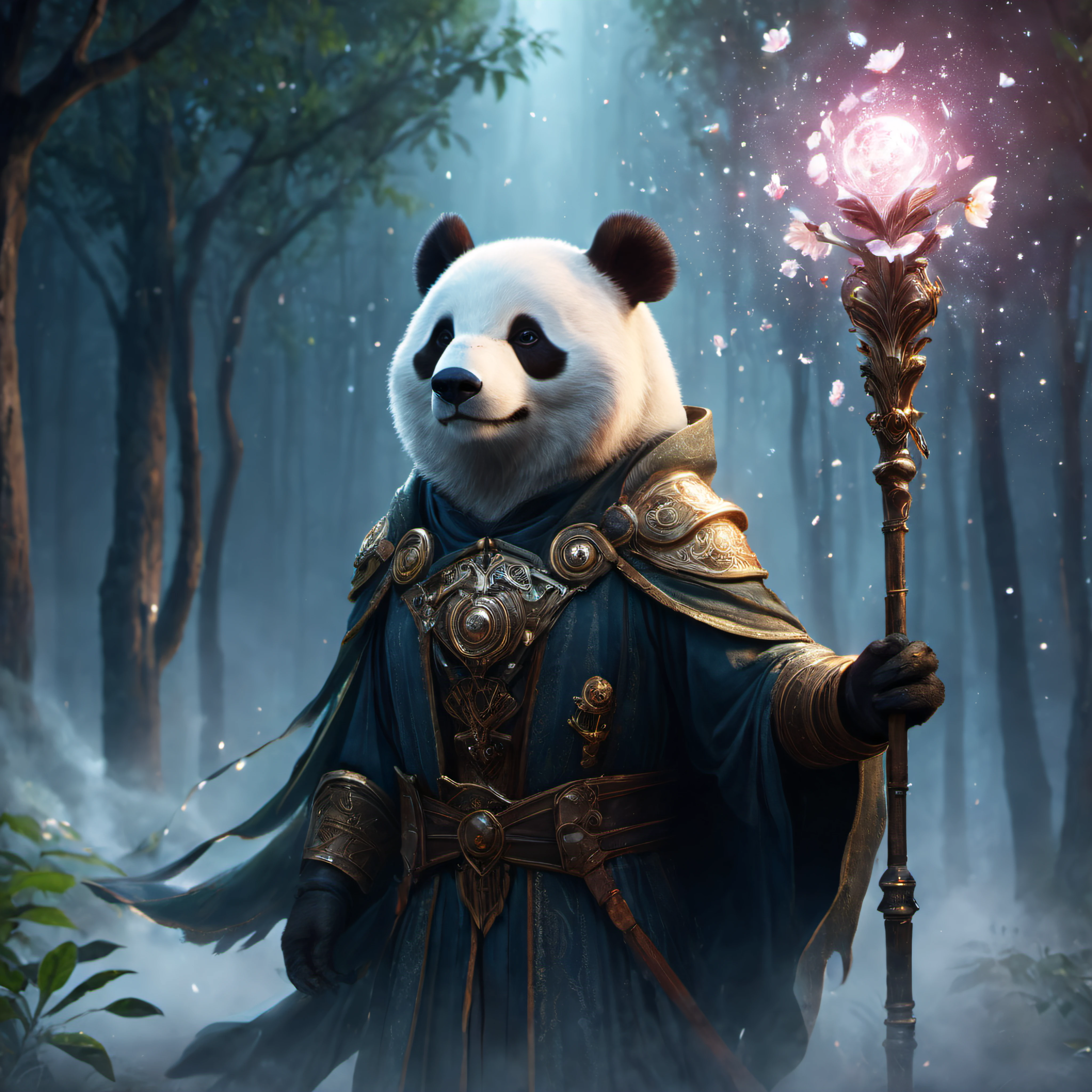 cute panda, hidden face, mysterious, hooded, full body, whimsical yet enigmatic, standing, gentle rain of falling petals, glowing ethereal giant heavy magic scepter in hand, intricate but adorable armor, tattered cloak that billows in the wind, atmosphere is charged with an otherworldly energy, fantasy realism with a touch of whimsy, dramatic yet soft lighting, detailed textures to bring the scene to life, digital artwork, illustrative, painterly, matte painting, highly detailed
, detailed, realistic, 8k uhd, high quality