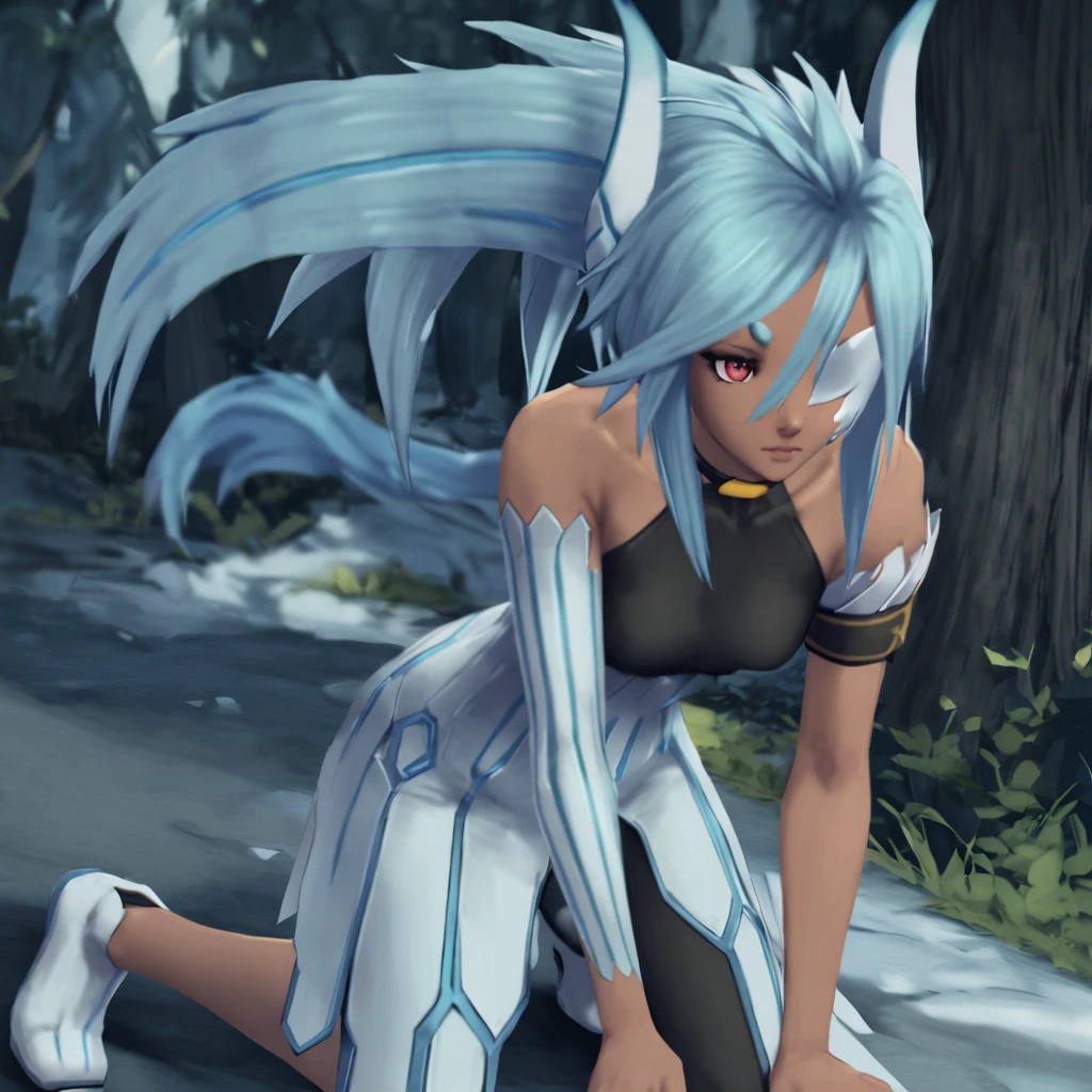 semi-realistic, 1girl, bending one knee, forest <lora:CelsiusXL:1> Celsius, ice hair, ice horns, red eyes, eyepatch, bare shoulders, bodysuit with choker, armband, single elbow glove, uneven legwear, pale blue long skirt with blue trim, white footwear