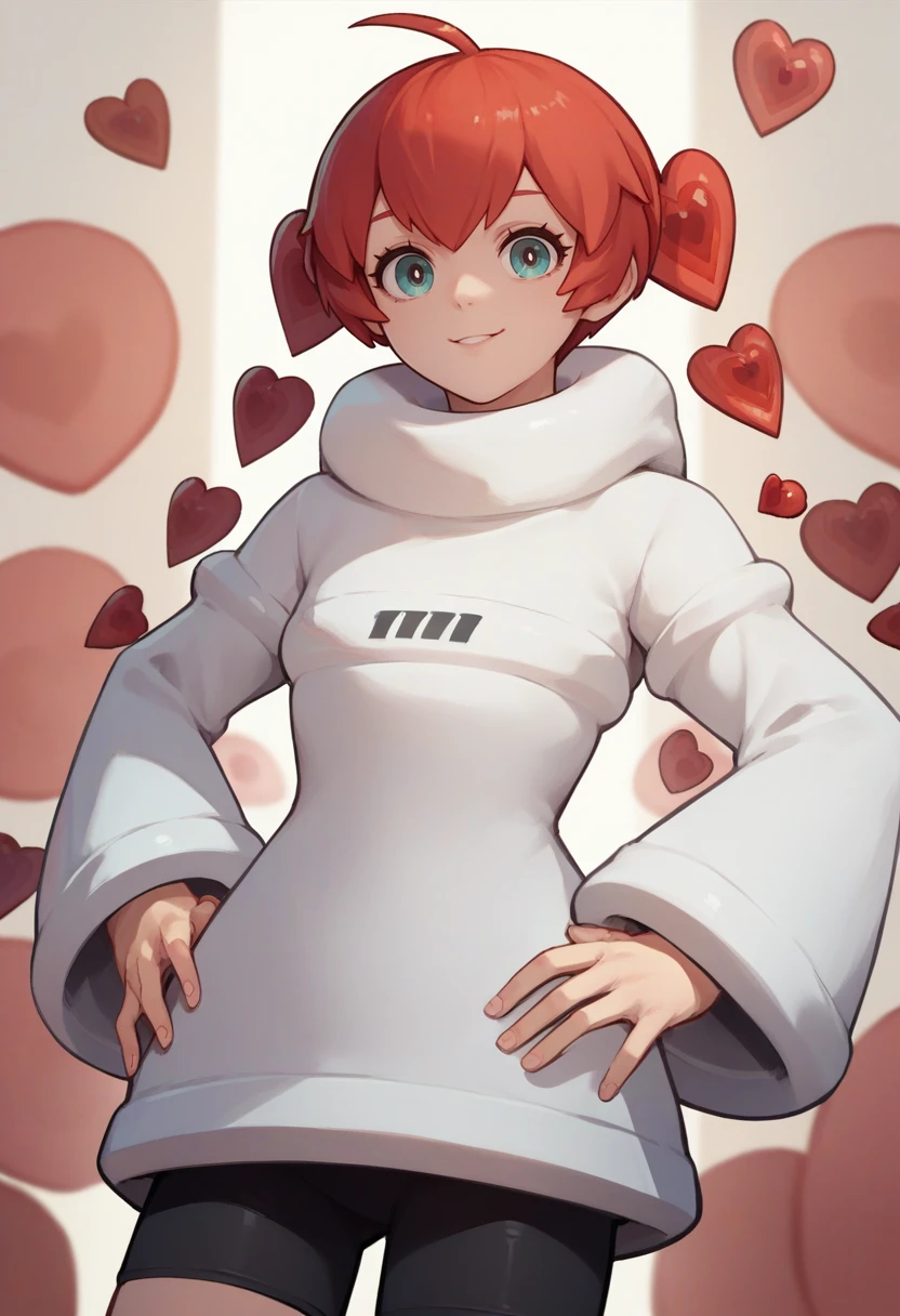 score_9, score_8_up, score_7_up, source_anime, solo, 1girl, p5sophia, smile, looking at viewer, hands on own hips, ahoge, detached hair, heart, white hoodie, long sleeves, black shorts, bike shorts <lora:persona5_sophia_ponyXL:1>
