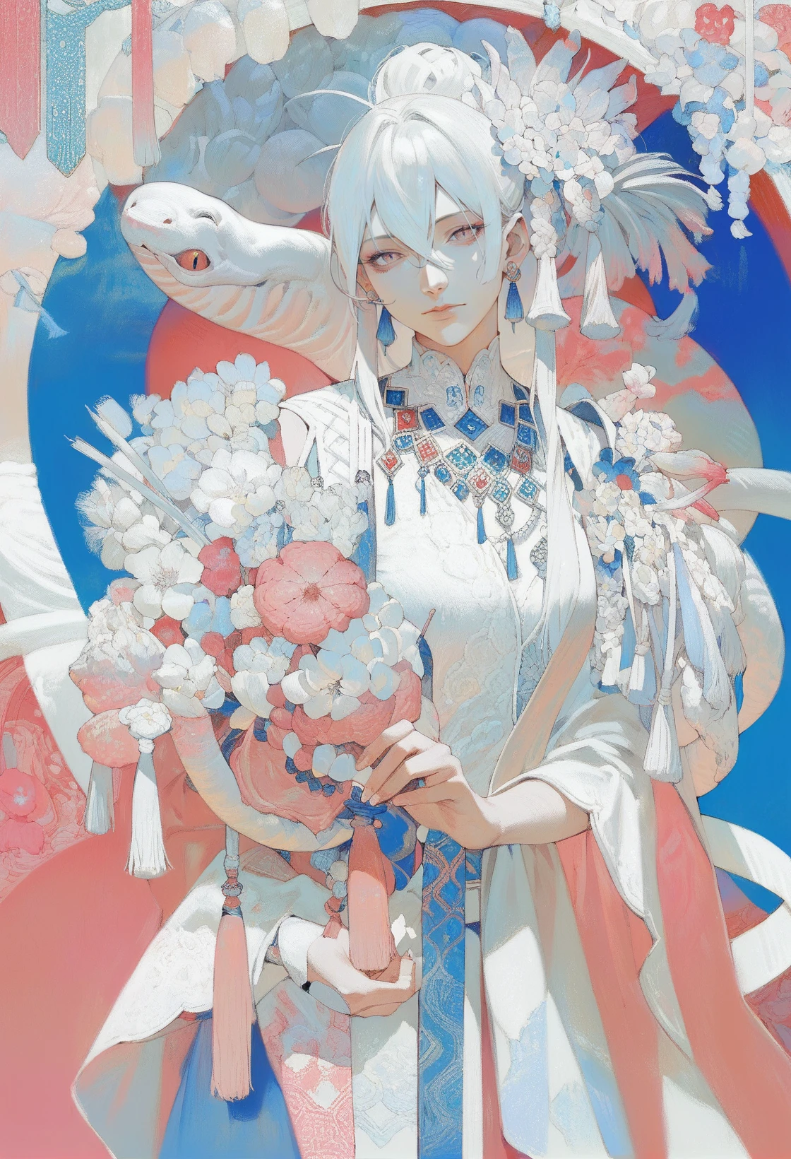 <lora:xdxAKK:0.8>,limited palette,xdx style,1girl,solo,jewelry,earrings,looking at viewer,hair between eyes,flower,tassel,snake,blue theme,pink theme,white theme,, score_9,score_8_up,score_7_up,source_anime,