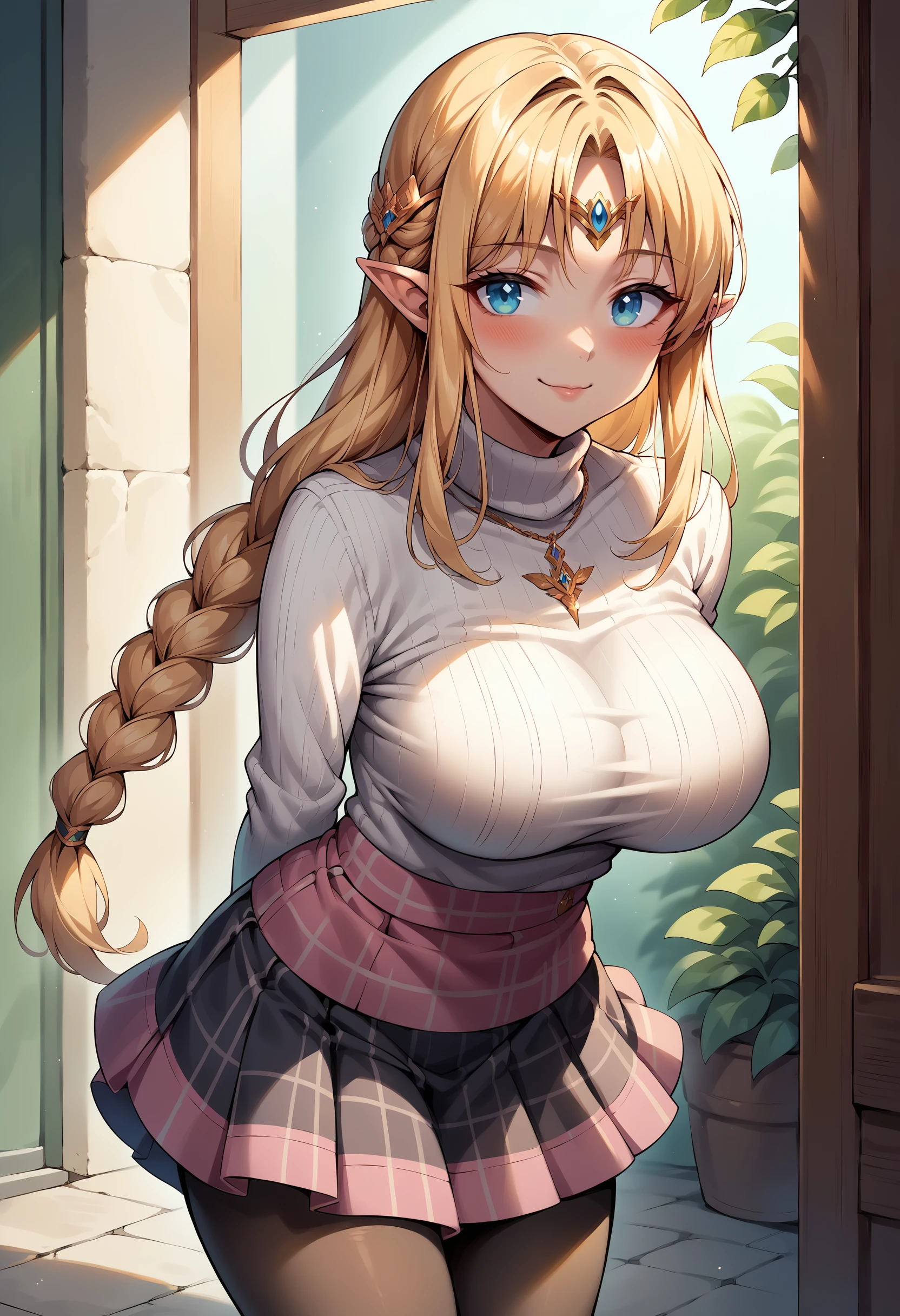 High resolution, Very detailed, perfect lighting, beautiful detailed eyes,   ((masterpiece,Best Quality)), absurdities, alone,     princess zelda, by the width, crown braid, Hair clip, pointy ears, corset azul, long sleeves, Gloves without fingers, black gloves, tight red pants , smile, curves, nod,   ,  deep neckline, deep neckline, bare breasts, bare breasts, NSFW, corset azul, tight red pants, background landscape with stars in night sky, visible nipples, visible nipples 