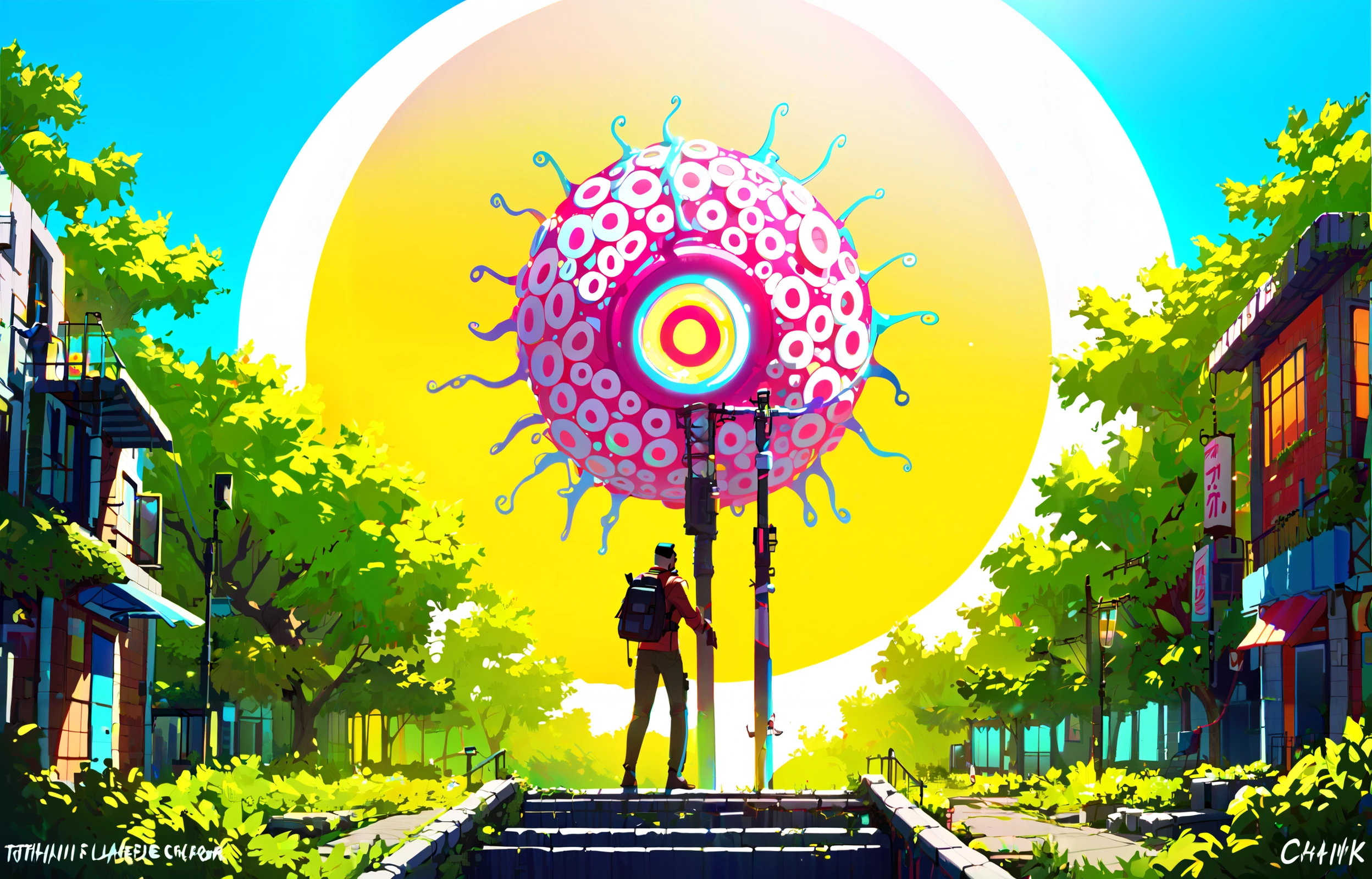 score_9, score_8_up, score_7_up, score_6_up, 8k, best quality, masterpiece, (ultra-detailed:1.1), good background, 
[<lora:TheUltimateShowdown-pony-Tanger-000005:0.75>::0.75], 
The ultimate showdown, player faces the boss, cg, l  outdoors, tree, scenery, lamppost, plant, building, 1boy, power lines, solo, colorful, pants, utility pole, standing, sun, sunset, wide shot, traffic light, tentacles, a colorful painting of a man standing on a bridge, an image that has an orange, purple, yellow, and blue background,