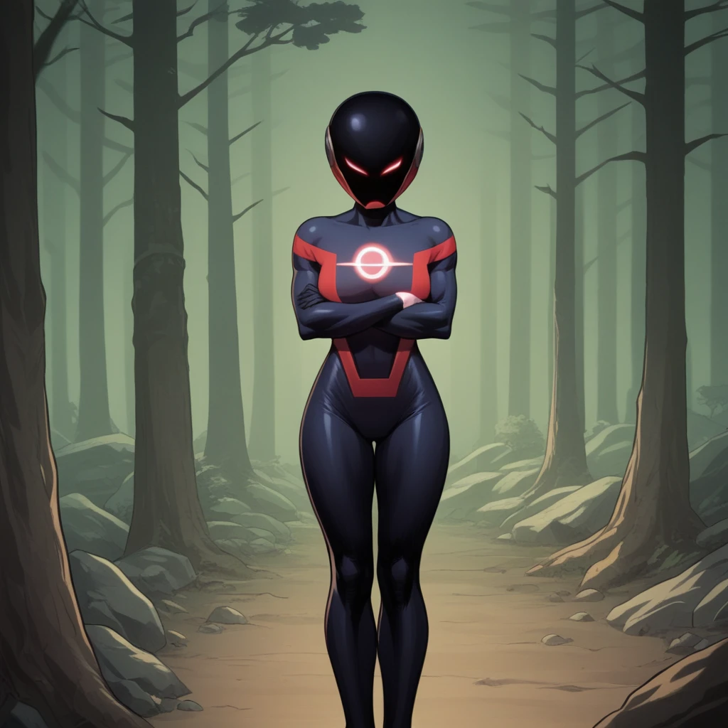 score_8_up, BREAK, RadiantRed, 1girl, solo, helmet, bodysuit, glowing eyes, superhero, <lora:Radiant_Red_PXL_Leaf1:1>, crossed arms, forest,
