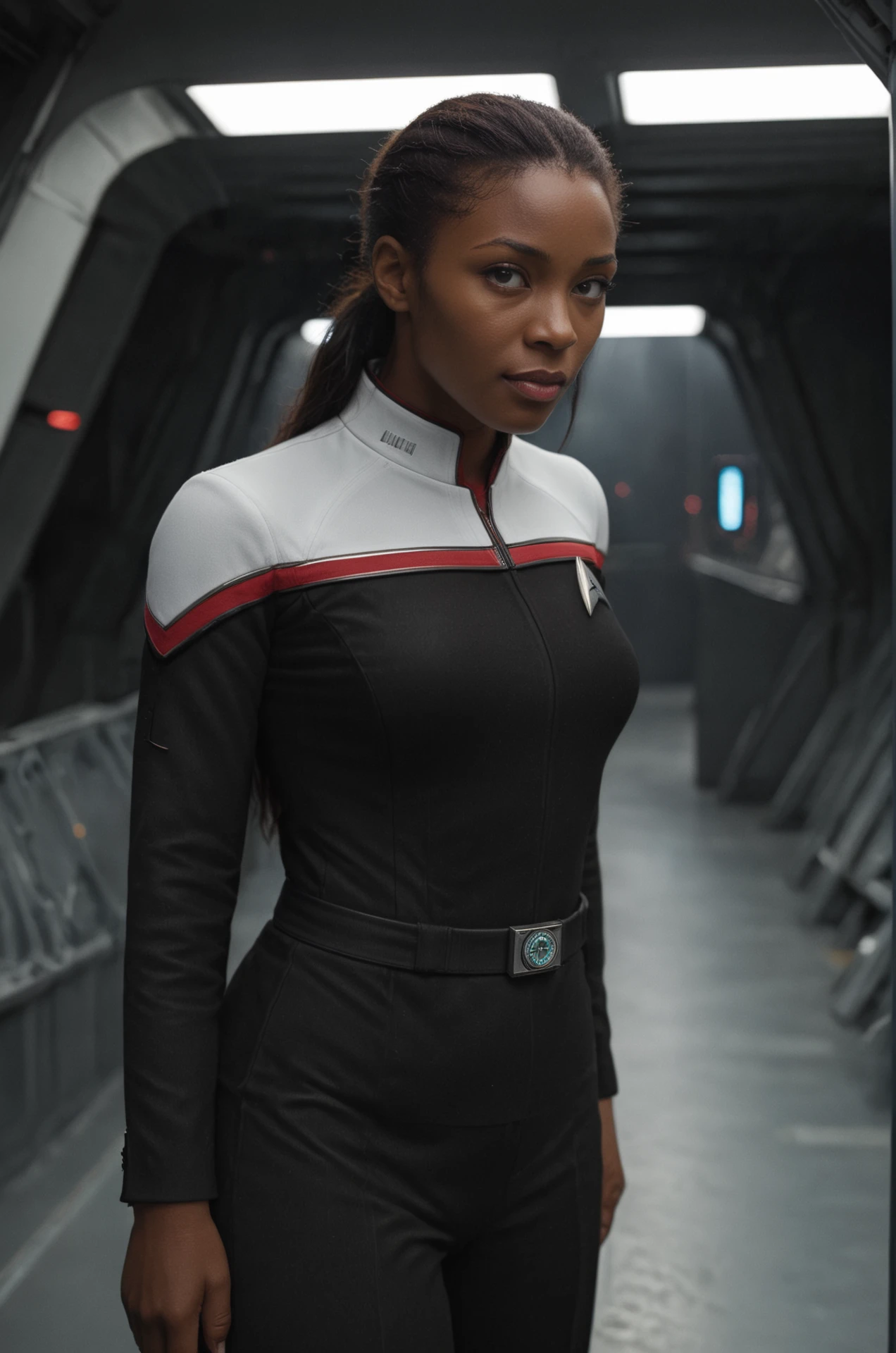 african woman in stoddunf uniform with white shoulders,on a spaceship bridge <lora:OdysXL:0.8>