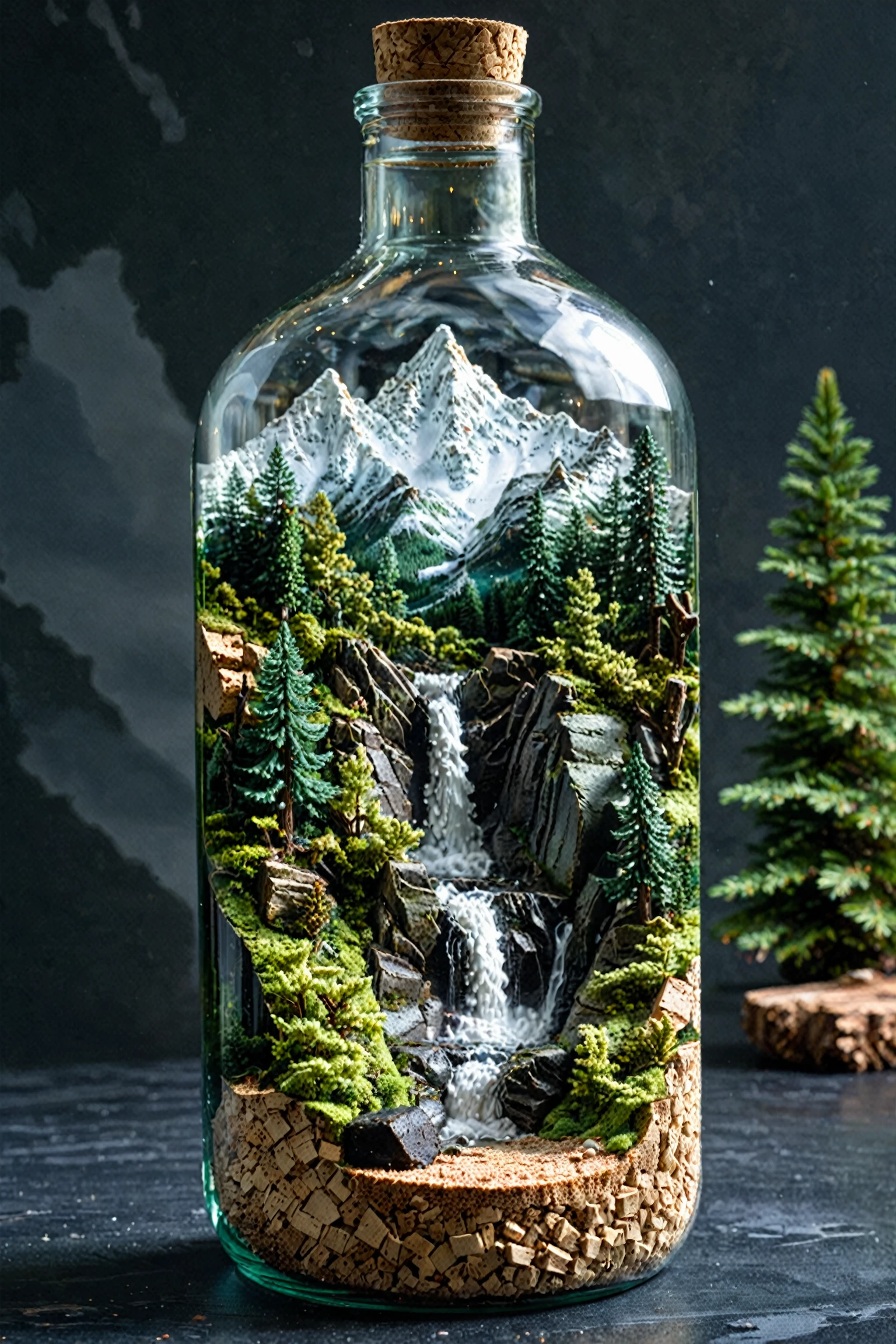 A glass bottle with a cork lid. Inside the bottle, there's a miniature landscape. It features snow-capped mountains in the background, a dense forest of evergreen trees in the middle, and a cascading waterfall at the bottom. The bottle is placed on a dark surface with a subtle reflection of the bottle and its contents.<lora:EMS-384353-EMS:0.800000>