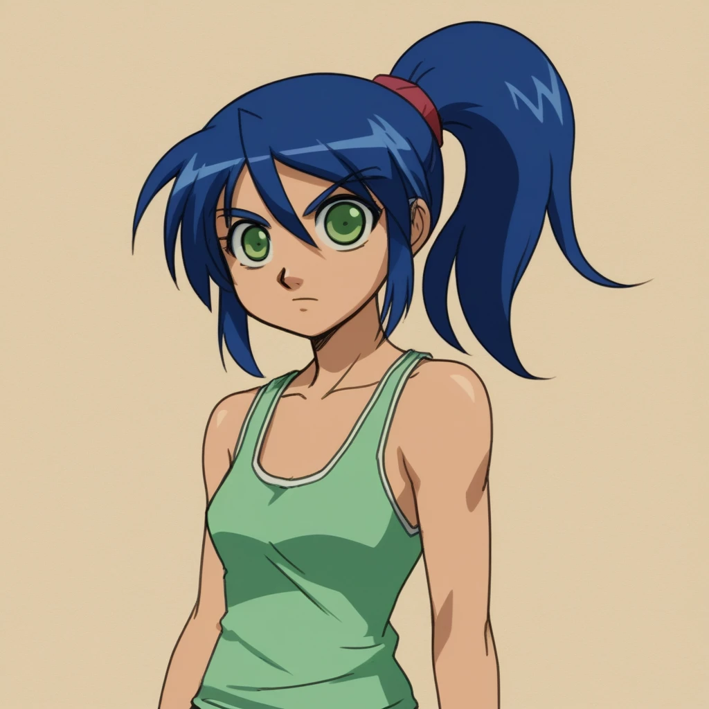 score_8_up, BREAK,  1girl, solo, blue  hair, ponytail, green eyes,  <lora:BakuganStyle_PXL_Leaf1:0.8>,  cowboy shot, tank top,