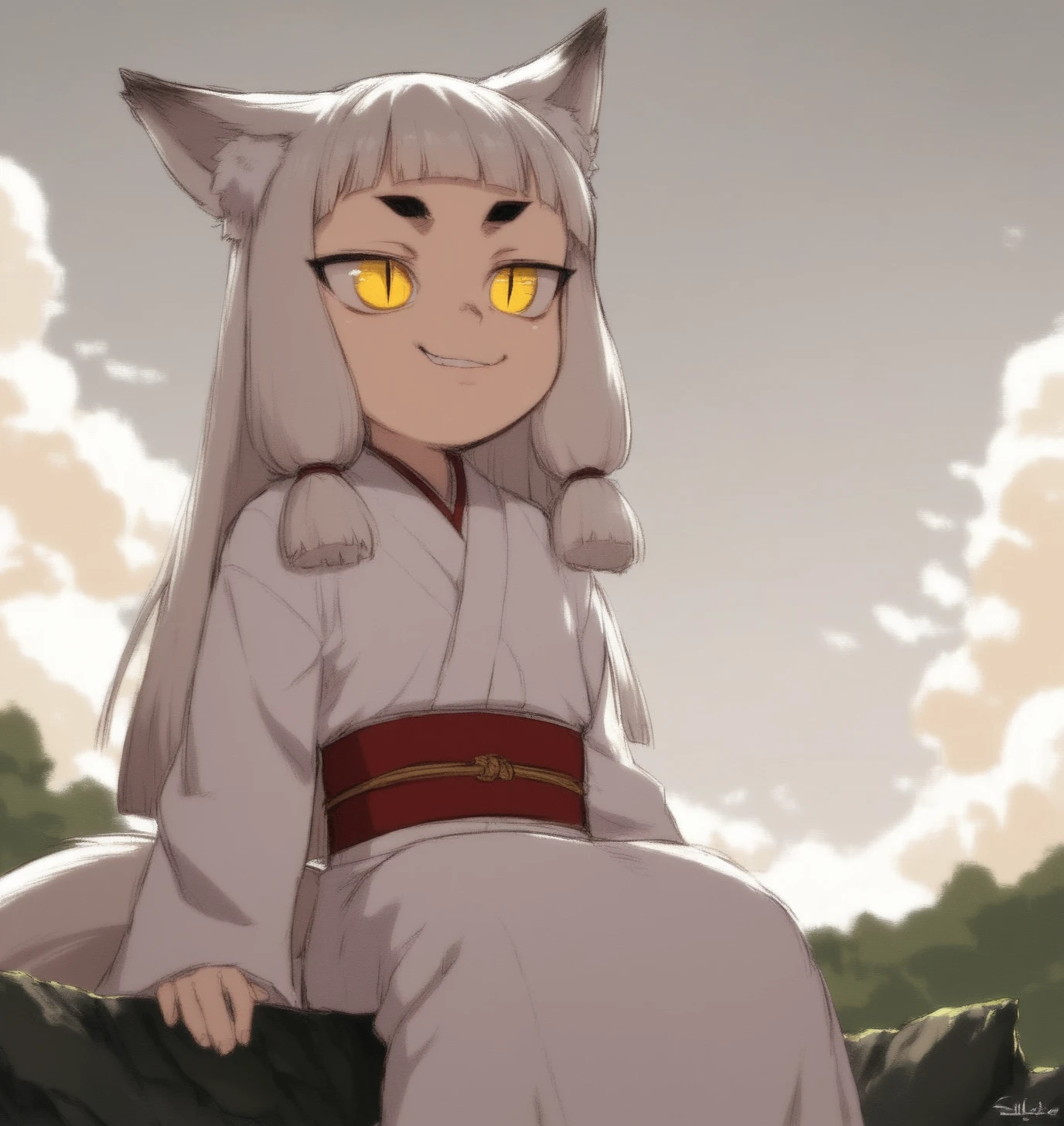 score_9, score_8_up, score_7_up, score_6_up, Detailed Background, BREAK
<lora:Takatsu_Kami:0.7> , takakami, 1girl, japanese clothes, white kimono, bangs, slit pupils, fox ears, short eyebrows, long hair, blunt bangs, white hair, young, yellow eyes, BREAK
smug, sitting on cliff, looking up, epic,