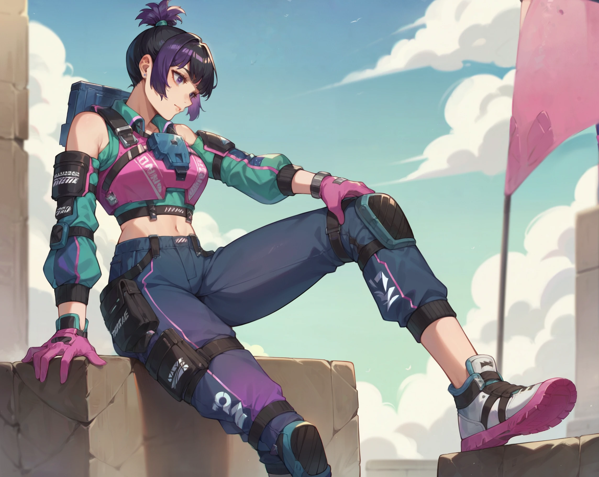 (Masterpiece:1.4), (best quality:1.2), score_9, score_8_up, score_7_up, score_6_up, 1girl, solo, no humans, valkfl0t3ch, black hair, purple hair, pink gloves, sneakers, blue pants, purple pants, cropped shirt, knee pads, topknot, detached sleeves, shoulder cutout, clothing cutout, midriff, taking off, sky background