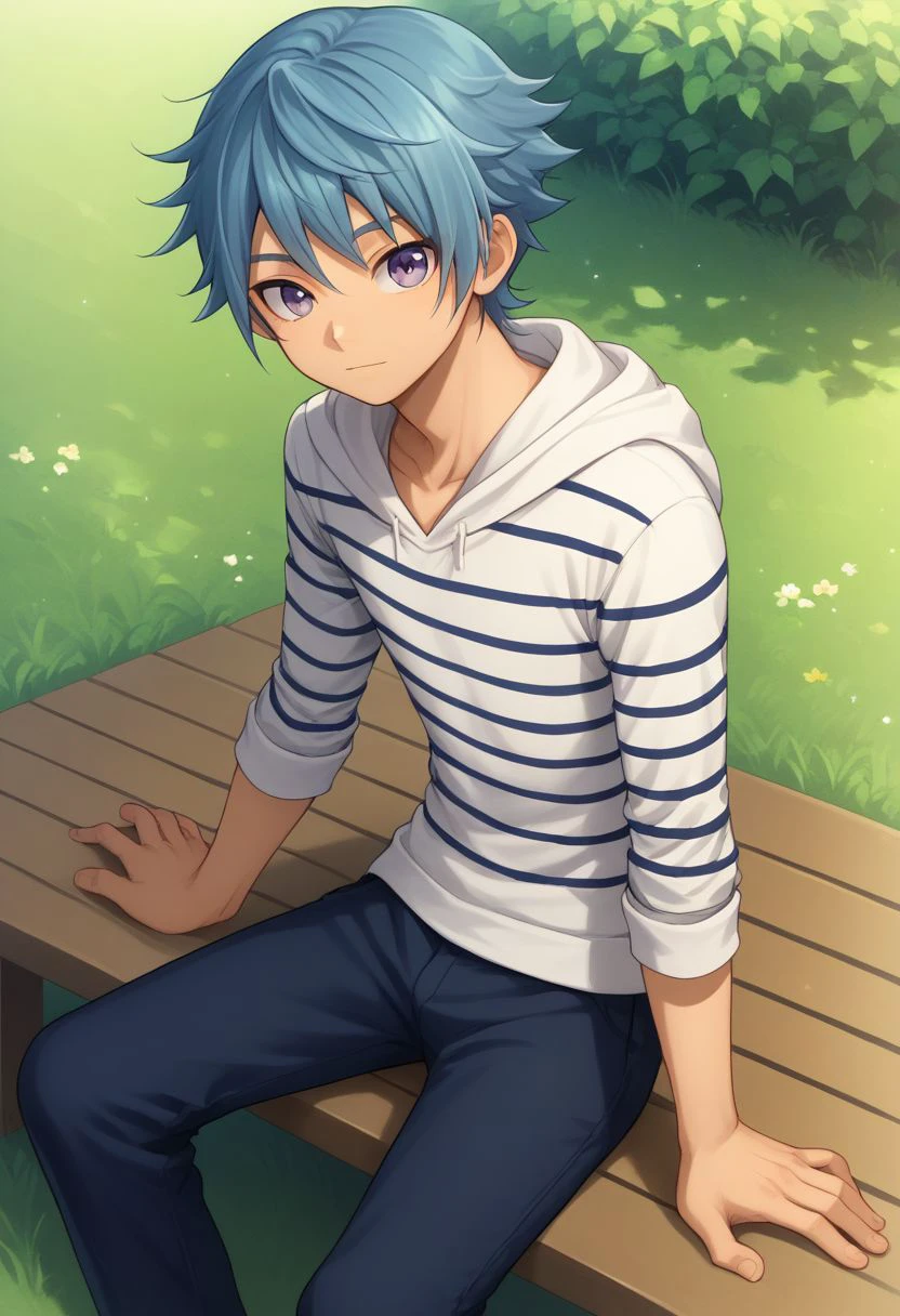 score_9, score_8_up, source_anime, highly detailed, 1boy, solo, male_focus, slender, skinny, cute,
hiura, 1boy, male focus, purple eyes, solo, blue hair, looking at viewer, hoodie, hood, striped, shorts, striped shirt, pants,
outdoor, sit,