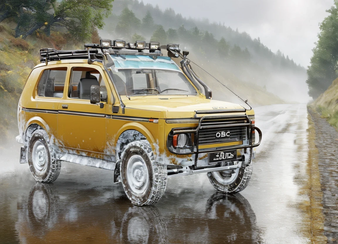 obc20 SUV <lora:20_vehicle_obc20:1.0> on a road, 
outside, festive,
nature at background, professional, realistic, high quality,
Light drizzle and mist, <lora:general_vehicle:-0.05>
