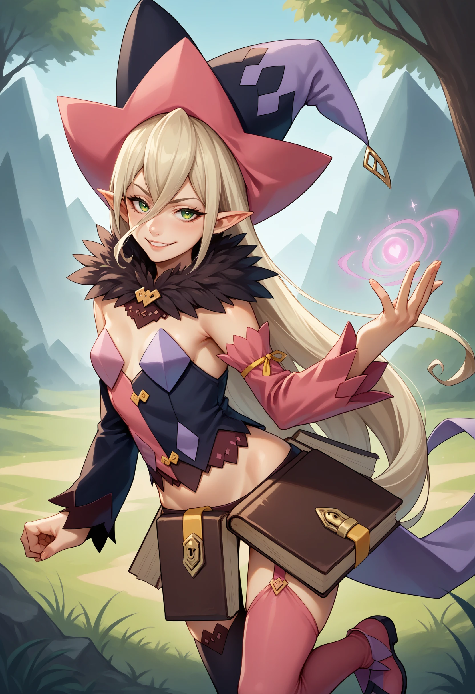 score_9, score_8_up, source_anime, 1girl, solo, Magilou, pointy ears, very long hair, hair between eyes, witch hat, fur collar, multicolored vest, strapless, detached sleeves, mismatched sleeves, book skirt, asymmetrical legwear, thighhighs, garter straps, mismatched footwear, magic, aura, magical effect, outdoors, smile, <lora:ChamMagilouPonyXL:1>