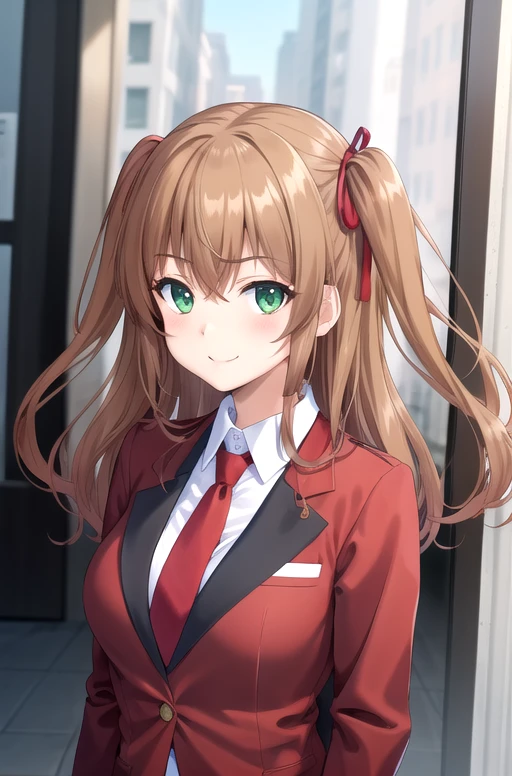 ((masterpiece)),(best quality),official art,extremely delicate and beautiful,extremely detailed CG,unity 8k wallpaper,ultra detailed,beautiful detailed eyes,extremely detailed face,outdoors,1girl,solo,upper body,(portrait:1.5),looking at viewer,facing viewer,smile,Tomizawa Erisu,long hair,brown hair,twintails,two side up,hair ribbon,red ribbon,sidelocks,hair between eyes,bangs,green eyes,school uniform,red jacket,blazer,buttons,red necktie,collared shirt,white shirt,large breasts,long sleeves,miniskirt,black skirt,pleated skirt,zettai ryouiki,black thighhighs,loafers,brown footwear,<lora:Tomizawa Erisu(khsk):0.5>,