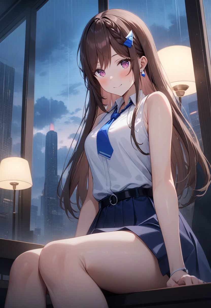 (no coat:1.5),Cocoa-outfit2,looking at viewer,smile,off,close-up,sleeveless white shirt,closed mouth,
indoors,ornate room,skyscraper,rain,floor to ceiling windows,skyline,cowboy shot,dawn,cloud,<lora:CocoaV3:1>,lamp,
from below,sitting,, cinematic light,masterpiece,best quality,very aesthetic,absurdres,incredibly absurdres,<lora:add_detail:1>,explit,nsfw,