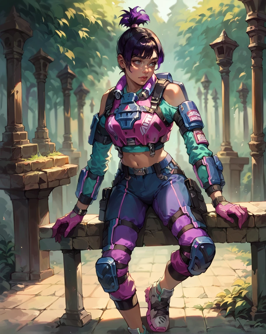 (Masterpiece:1.4), (best quality:1.2), score_9, score_8_up, score_7_up, score_6_up, 1girl, solo, no humans, valkfl0t3ch, black hair, purple hair, pink gloves, sneakers, blue pants, purple pants, cropped shirt, knee pads, topknot, detached sleeves, shoulder cutout, clothing cutout, midriff