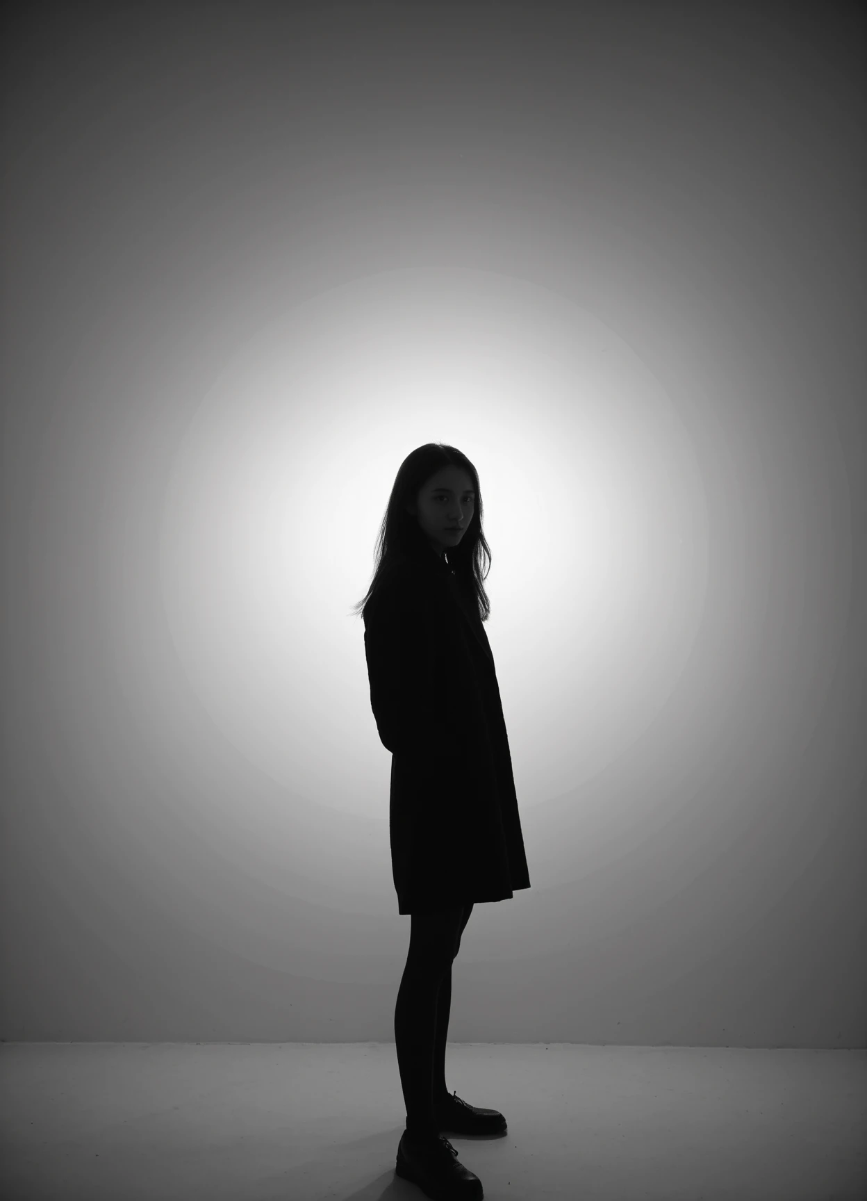 score_6_up BREAK photo, irl, realistic BREAK spotlight, shadow, 1girl, looking at viewer, standing, leaning back, upper body,(circle:1.2), abstract background,