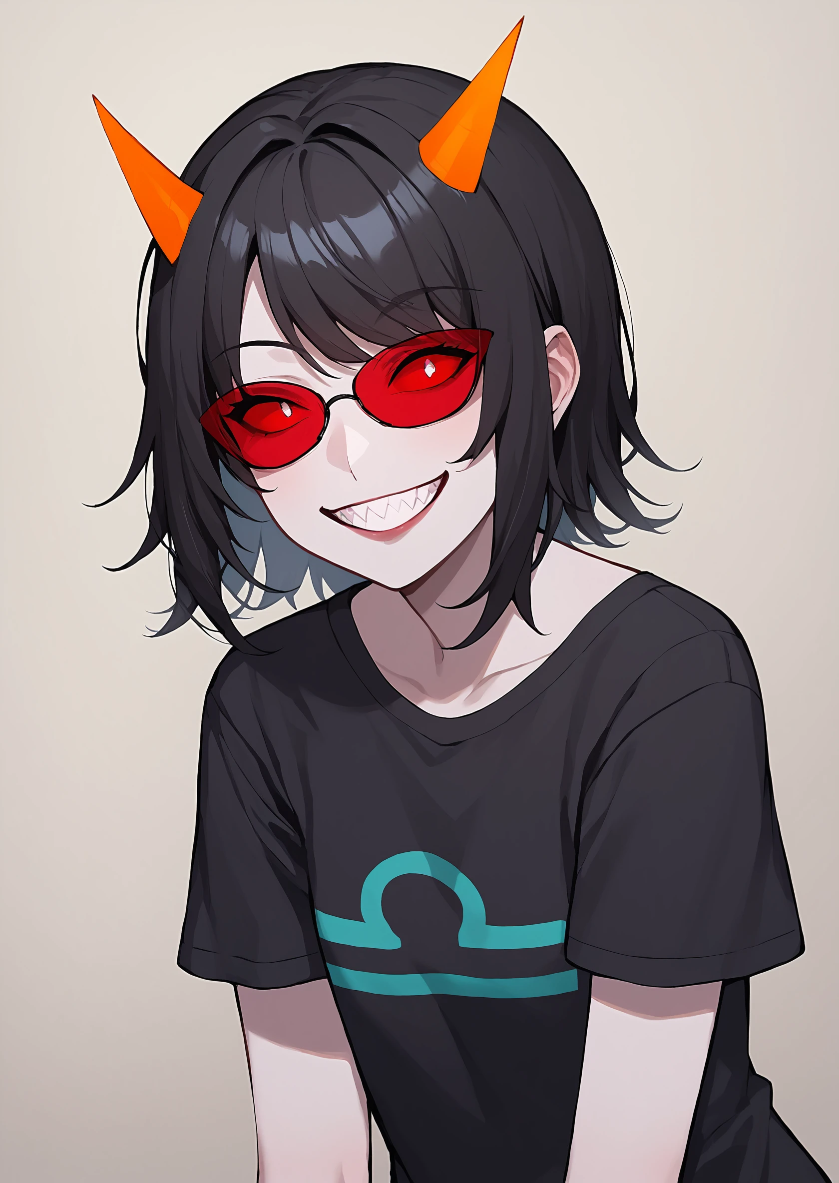 score_9, score_8_up, score_7_up, score_6_up, score_5_up, score_4_up, masterpiece, thick lines, 2d, flat colors, anime, terezi pyrope, librasign, 1girl, ((colored skin, grey skin)), orange horns, black hair, medium hair, smile, grin, red-tinted eyewear, red sclera, t-shirt, black shirt <lora:terezipyropepony:1> BREAK source_anime