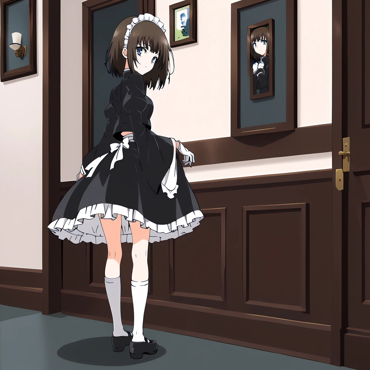 <lora:RurikawaTsubakiXLpony001>,
solo,
RurikawaTsubaki,1girl,brown hair,short hair,blue eyes,
maid headdress,
maid,wide_sleeves,
white gloves,
waist apron,
skirt,frills,
white socks,
mary janes,
full body,standing,looking back,
