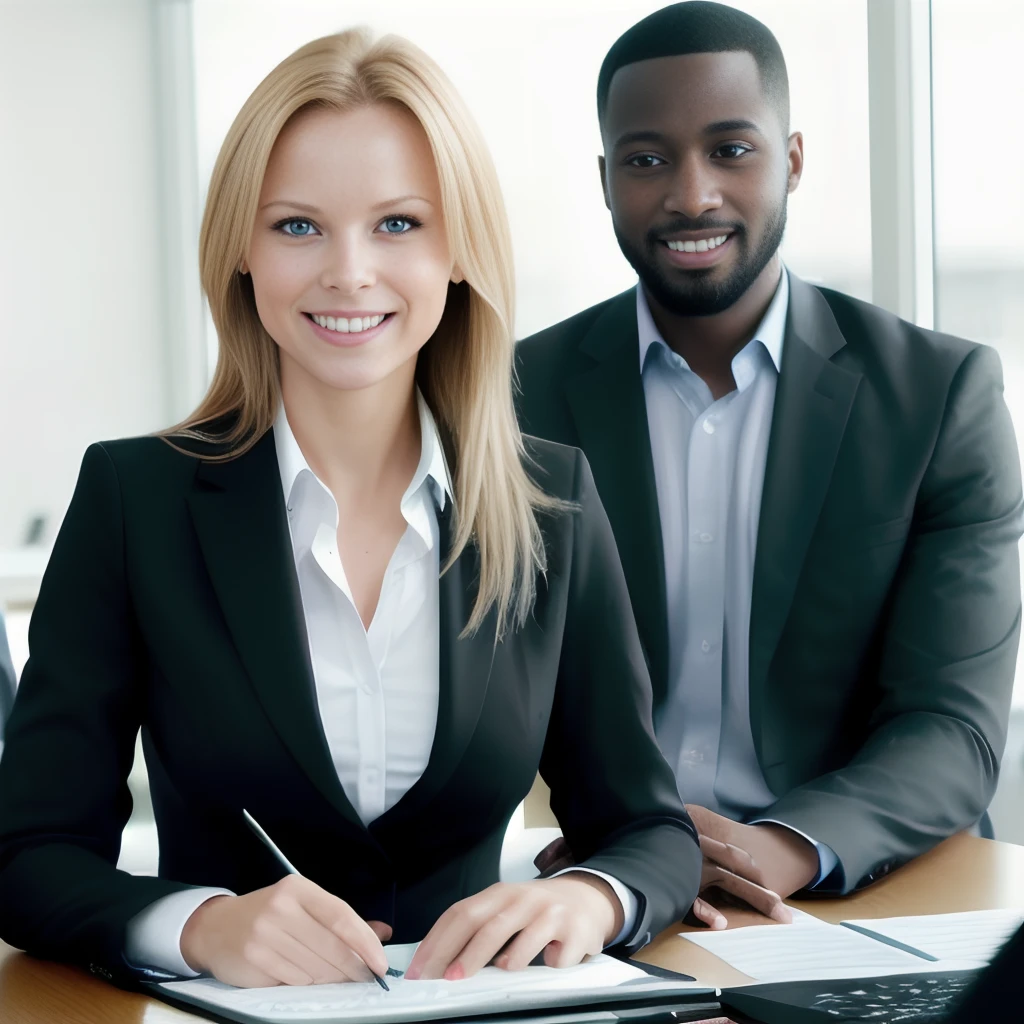 image of a sexy Swedish woman at an business office with a Nigeran man next to her, people in foreground and background, high quality, happy look on face, perfect hands, SFW,