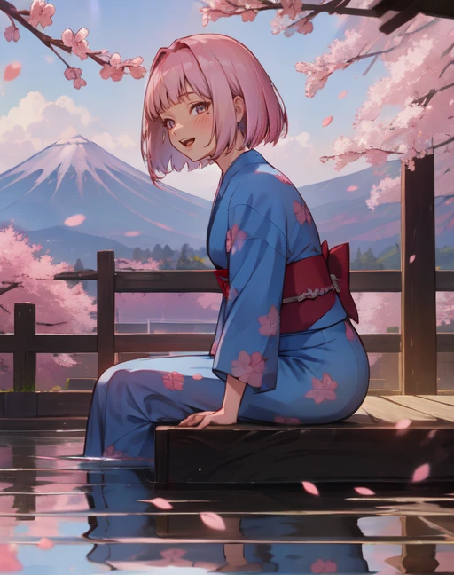 (masterpiece, best quality),(depth) of (field),  <lora:OguraMio001:0.9> 1girl, blue kimono, pink_hair, short hair, blunt bangs, bob,   <lora:ManaArtist_128:1>, (floating bubbles), sitting, looking at viewer, red and black gradient eyes, sunglasses on head, beautiful mountain fuji in the background, body steam, cherry blossoms in the background, cherry blossom leaves falling, red marking on cheek, happy laughing, open mouth, BREAK detailed, ultra detailed, best quality, detailed background, {{masterpiece}}, {{an extremely detailed and delicate}}, {8k cg wallpaper}, {stunning art}, {{illustration}}, (((absurdres))), {amazing}, beautiful detailed hair, (beautiful shadow), (realistic shadow), (beautiful light), (vibrant:1.2), (saturated:1.1), (side view:1.3), (water reflection:1.2), (fisheye:1.1), (sitting sideways:1.2),, adult