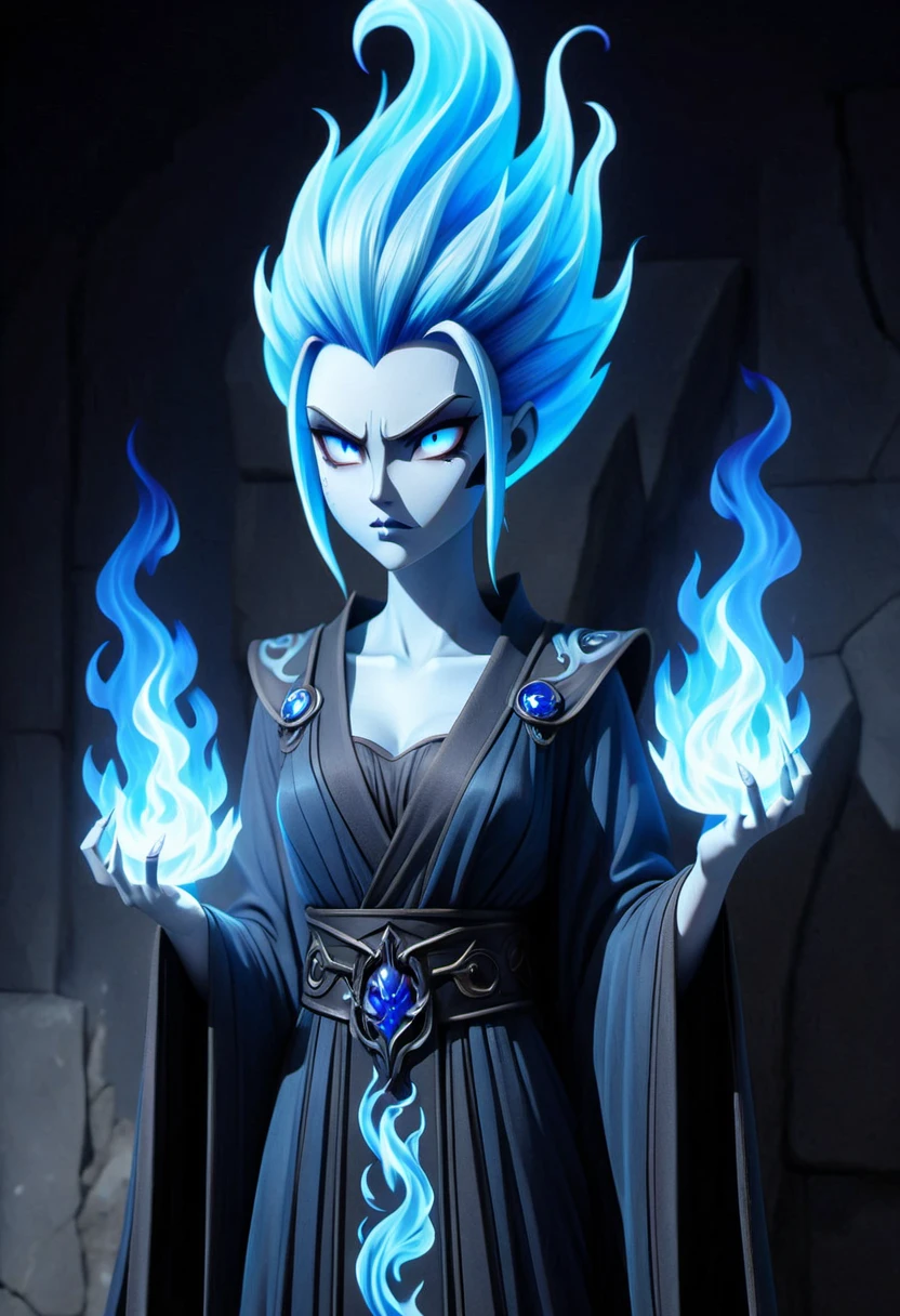 (((masterpiece))) , (((best quality))) , anime style, 2d, well-built charming 1girl, solo, lovely 1girl, 
Hades-ish, beautiful gorgeous Gohan, (blue flames instead of hair), long flowing elegant skull motif robe, (stone dungeon background:1.2), she has Shaved sides hair, key visual, 